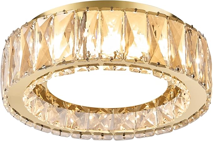 11 Inch Modern Gold Luxury Flush Mount Ceiling Light,Small Crystal Chandelier, Dimmable LED 5CCT 3000K-6000K 24W Round Close to Ceiling Light Fixture for Hallway,Kitchen,Bedroom,Laundry Room