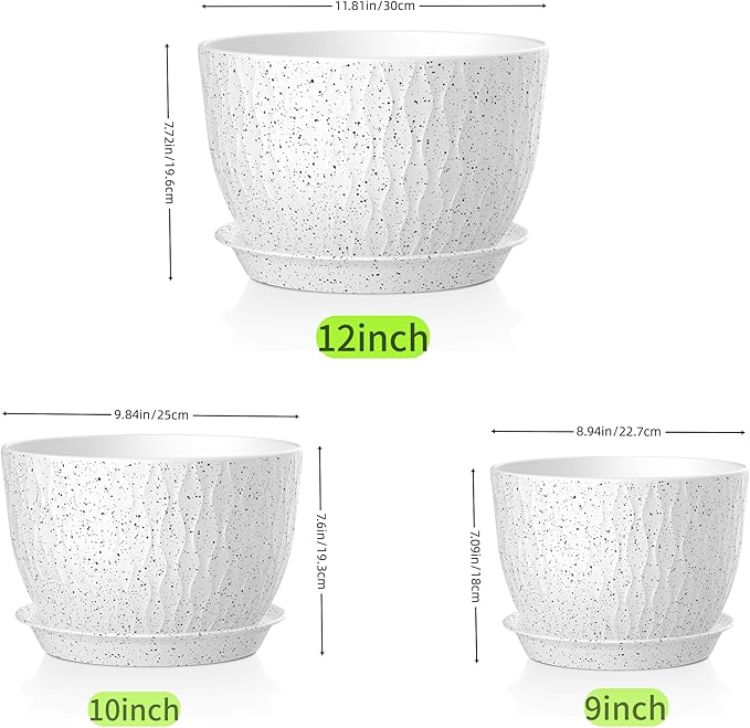 12/10/9 Inch Plant Pots, 3 Pack Large Flower Pots for Indoor and Outdoor Plants with Water Ripples, Large Plastic Flower Pots with Drainage Holes and Tray for Garden Indoor Plants