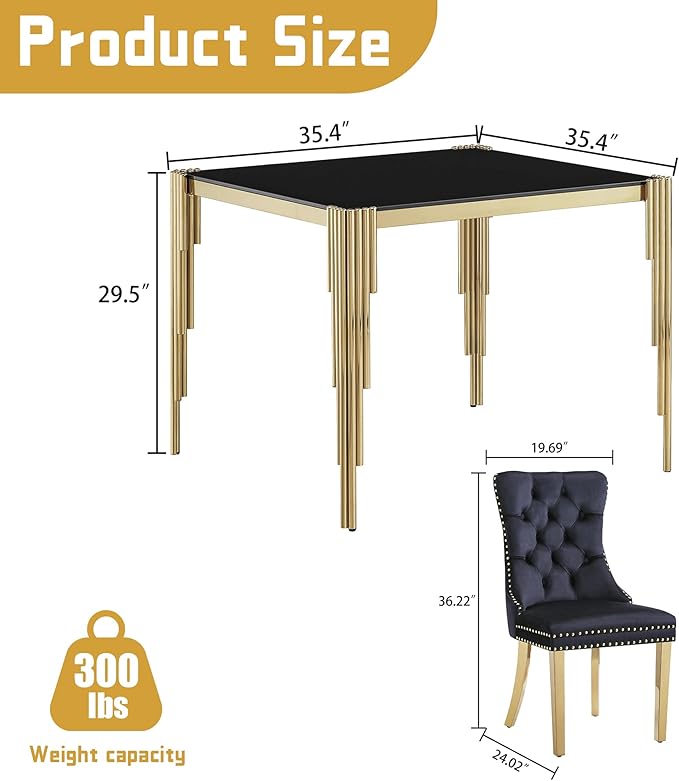 3 Piece Glass Dining Table Set, 35" Square Glass Kitchen Table with 2 Black Velvet Upholstered Chairs, Gold Dining Table for 2 with Chairs Set for Kitchen, Living Room