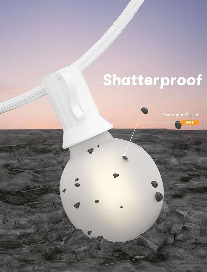 SUNSGNE 25Ft G40 LED Outdoor White String Lights with 27 White Frosted Shatterproof Globe Bulbs (2 Spare), Outdoor Hanging Lights for Room Café Bistro Pergola Tents, 25 Pack, White Wire