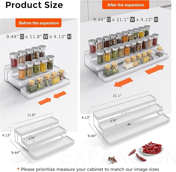 2 Pack Expandable Spice Rack Organizer for Cabinet - 3 Tier Adjustable Cabinet Spice Organizer Easy Visibility - Spice Organizer for Cabinet Countertop Cupboard Pantry Organization (White)