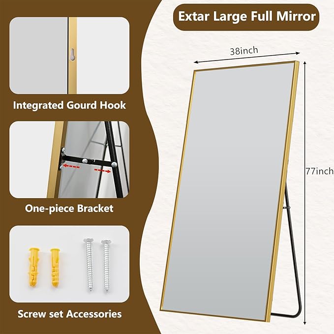 Koonmi 77"x38" Floor Mirror Full Length, Bedroom Floor Body Mirror with Stand, Large Gold Mirror, Leaning, Standing or Hanging Horizontally/Vertically