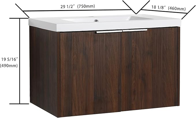 Goujxcy 30" Wall Mounted Bathroom Vanity with Sink, Modern Floating Bathroom Cabinet with White Resin Wash Basin & Storage Cabinet, Soft-Close Door Wood Hanging Bath Room Cabinet