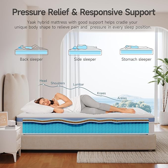 Yaak Twin Mattress 12 Inch, Hybrid Mattress in a Box Twin Size, Individual Pocket Spring Single Bed with Breathable Memory Foam, Pressure Relief, Medium Firm for Teenages and Kids