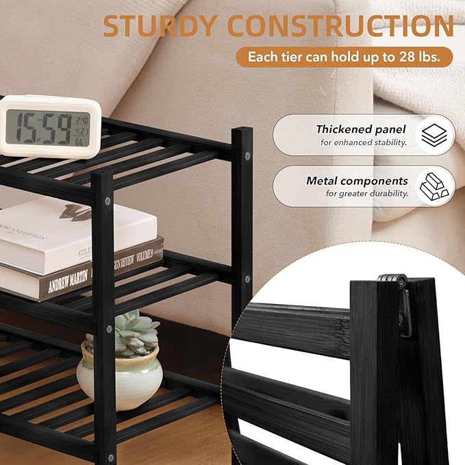 3 Tier Bamboo Shoe Rack Storage Organizer for Closet, Multifunctional Stackable Free Standing Shoe Shelf Organizer for Small Space,Entryway,Hallway,Bathroom 27"x11"x20" (Black, 3 Tier)