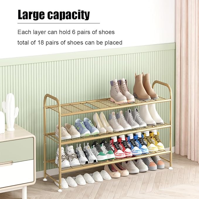 LINZINAR Shoe Rack Long 3 Tier Shoe Storage Organizer Metal Wide Shoe Shelf for Closet Entryway Bedroom 24 Paris Large Capacity, Gold