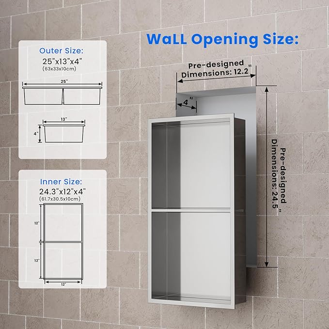 POPFLY 12"×24" Stainless Steel Shower Niche, Double Shelves Bathroom Niche No Tile Needed Recessed Niche Shower for Bathroom Storage, Horizontal or Vertical Insert, Nano Silver