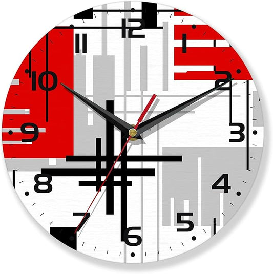 Wall Clocks Battery Operated,Red Black Abstract Line Clock for Living Room,Decorative Wall Clock for Living Room, Bedroom, Bathroom and Kitchen,10 Inch