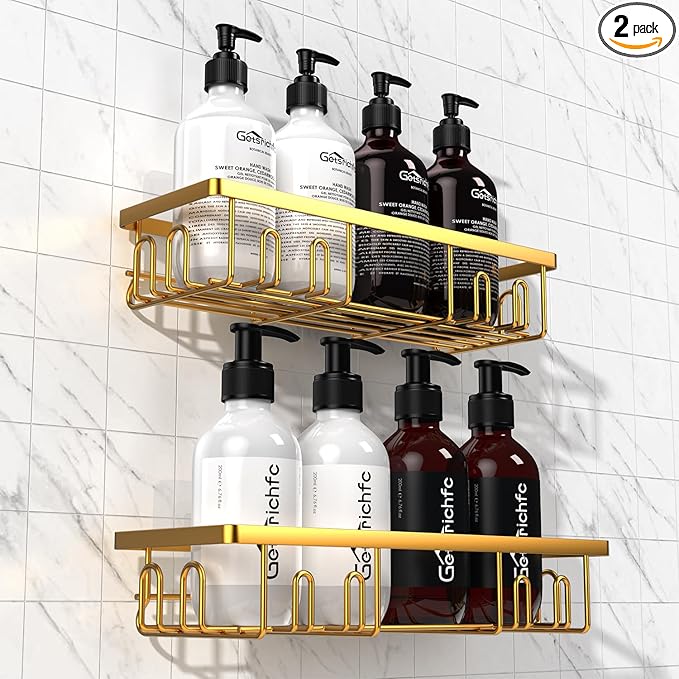 2025 New Adhesive Shower Caddy, Shower Shelves with 16 Hooks, Golden 2 Pack
