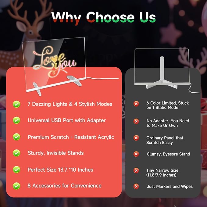 Acrylic Board with 7 LED Light,13.7"*10" LED Drawing Board with 7 Markers,Dynamic Light Led Note Board,Light up Acrylic Dry Erase Board Message Board,Drawing Board for Kids for Office, School, Home