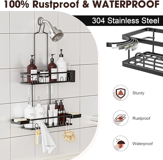 Shower Caddy Hanging, Rustproof Shower Shelves - No Drilling Inside Bath, Extended Length Shower Organizer with Soap Holder; Toothbrush Holder, Black