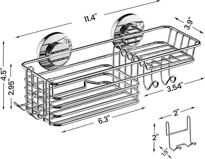 LEVERLOC Shower Caddy Suction Cup, Shelves for Inside with Hooks & Soap Holder Toothbrush Holder, NO-Drilling Bathroom Organizer, Rustproof Holder Storage, Silver