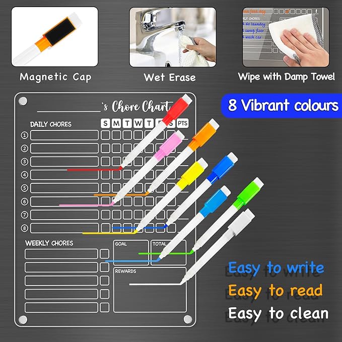 PigPotParty Acrylic Magnetic Chore Chart for Kids on Fridge – 2 Pack 9.5"x12" Weekly Dry Erase Chore Board with 8 Fine Tip Colorful Markers and 1 Towel – for Multiple Kids, Teens and Family