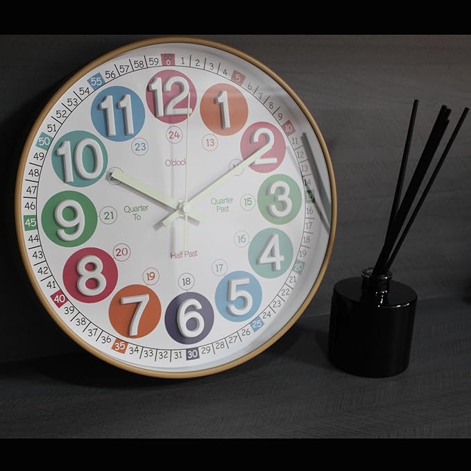 Learning Time Clock for Kids,12 Inch 3D Numbers Colorful Clock Face Silent Clocks，Bedroom,Kitchen,Classroom,Décor at School, Clear Digital Wall Clock for Kids Room (3D Wood Color Luminous)