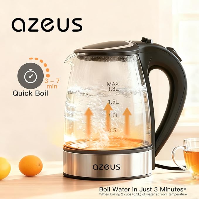 AZEUS Electric Kettle 1500W Cool Touch Tea Kettle Anti-scalding Design 1.8L Large Capacity Kettle BPA-Free, White