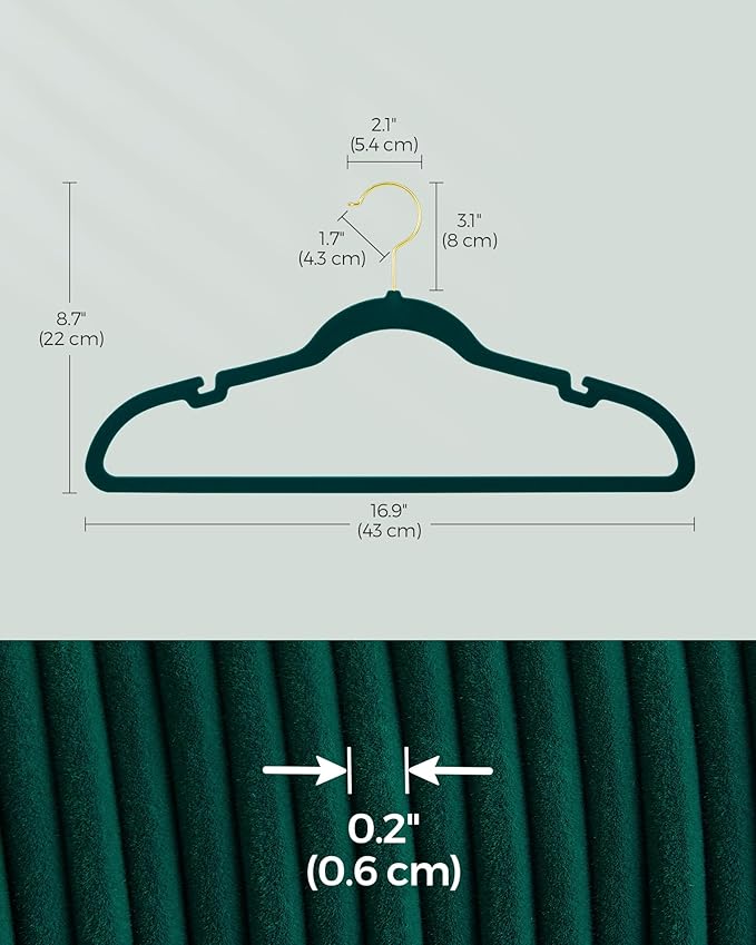 SONGMICS Velvet Hangers 50 Pack, Non-Slip Clothes Hangers, Suit Hangers with Shoulder Notches, Pants Bar, 360° Swivel Hook, Space-Saving, for Closet, Forest Green UCRF029C05