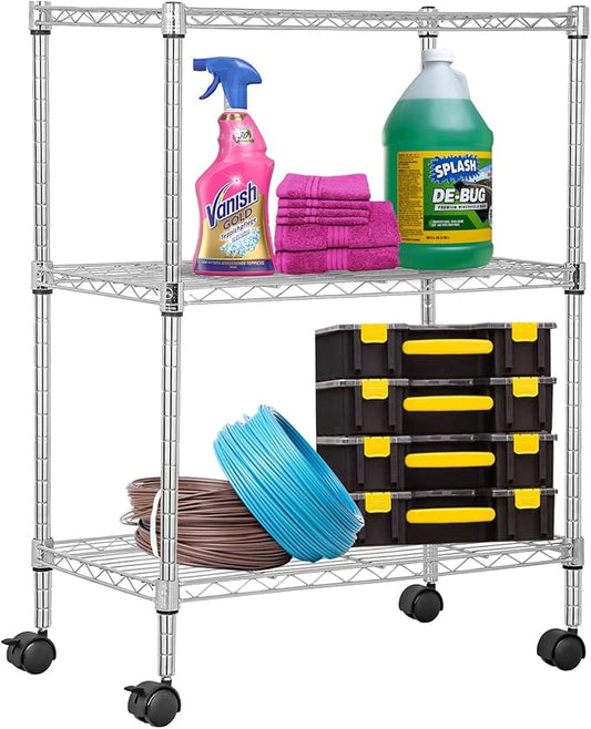 PayLessHere 3-Tier Adjustable Metal Storage Rack with Wheels Mesh Shelving Unit Heavy Duty Storage Shelving Unit,Chrome