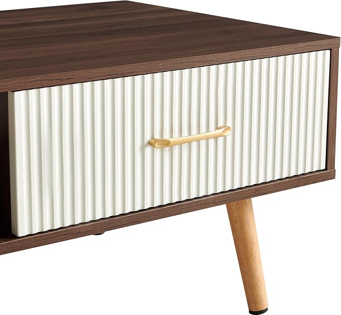 Mid Century Wooden Coffee Table with Stripe Drawer，Modern 41" Large Center Table with Storage，Rectangular Walnut Wood Coffee Tables for Living Room, 2-Tier Cocktail Table, Solid Wood Legs