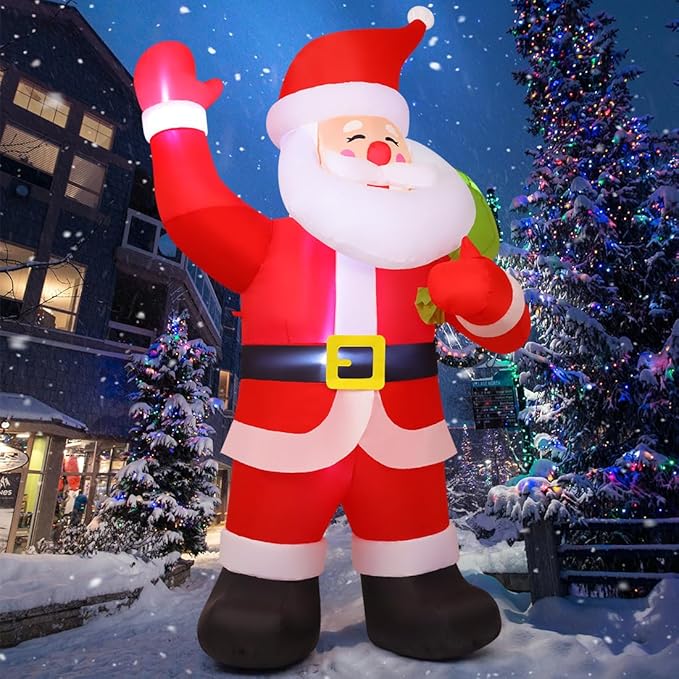 COMIN 9 FT Animated Christmas Decorations Santa Inflatables, Outdoor Christmas Santa Claus Carry Gift Bag&Shaking Hand Blow Up Yard Built-in LEDs for Indoor Xmas Party Garden Lawn Decor