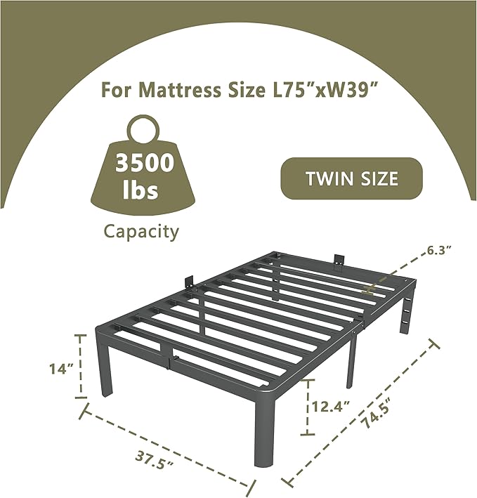 ITIMIDI 14 Twin Bed Frames, Metal Platform Bed Frame Twin Size, Safety Design with Rounded Corner Legs and DIY Headboard Hole, Heavy Duty Steel Slats Support, No Box Spring Needed, Noise Free, Black