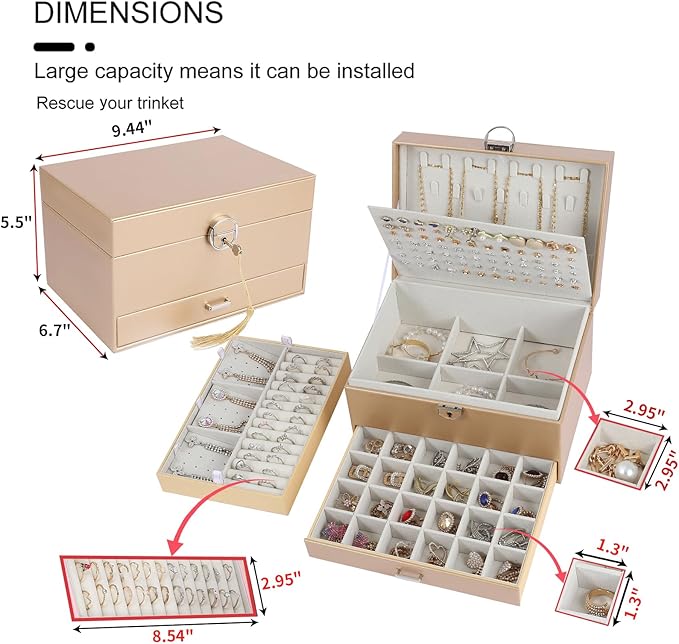 BOOVO Earring Jewelry Box For Women Girl Stud Organizer, 5 Layers Girl Jewelry Organizer Box With Lock Earring Holder Organizer Necklace Ring Jewelry Organizer Box For Girls (Champagne)
