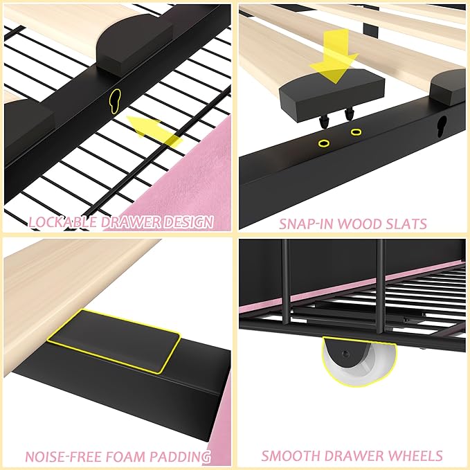 VECELO Full Size Upholstered Platform Bed Frame with 4 Storage Drawers, Adjustable Velvet Rivet Decor Headboard, Wooden Slats Support, No Box Spring Needed, Easy Assembly