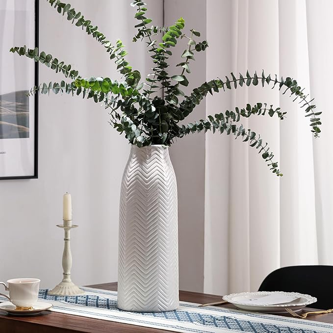 hjn Large White Vase for Flowers Ceramic Vase for Home Decor Tall Vases for Your Floor/Kitchen/Office/Living Room/Table- White Texture(Large)