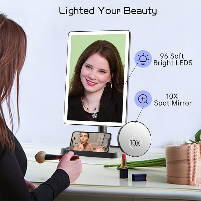FUNTOUCH Rechargeable Makeup Vanity Mirror with Lights, Large Lighted Desk Makeup Mirror with 96 LED Lights and 10x Magnifying, 3 Color Lighting, Make up Light Mirror with Phone Holder,Black
