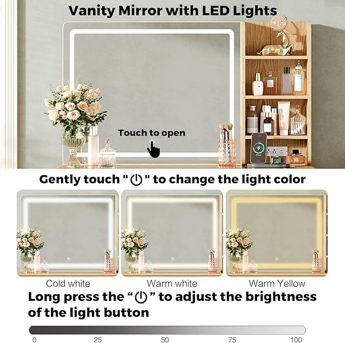 47“Makeup Vanity Desk with Mirror and Lights, Vanity Desk with 7 Drawers & Storage Shelves, Vanity Table with Power Outlet, 3 Color Modes & Adjustable Brightness Dressing Table, Bedroom,Wood