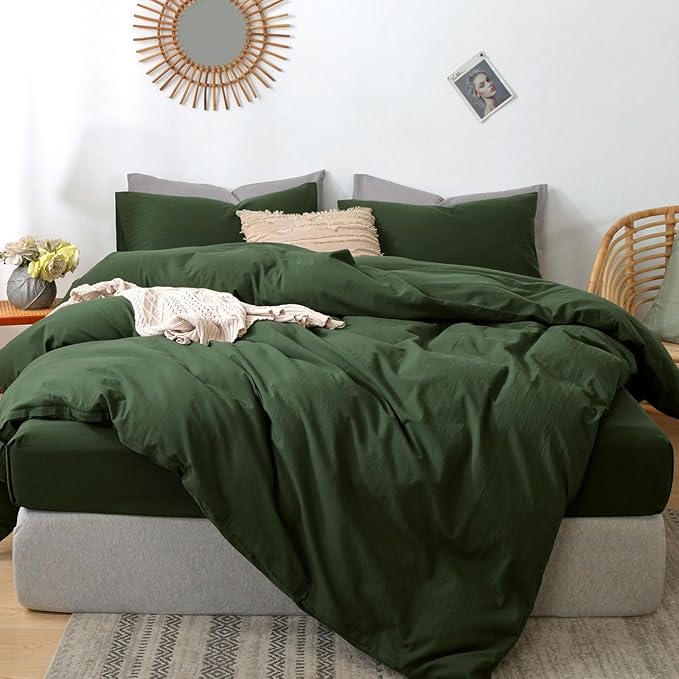 MooMee Bedding Duvet Cover Set 100% Washed Cotton Linen Like Textured Breathable Durable Soft Comfy (Solid Forest Green, Oversized King Plus 128"x120")