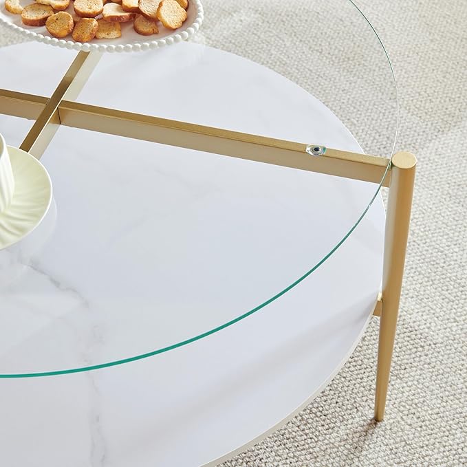 Shrine Modern Coffee Table with Glass Top, Round Table for Living Room, Two-Tier 30-Inch White Wooden Storage Coffee Table, Gold Table Legs Structure & Clear Glass Top