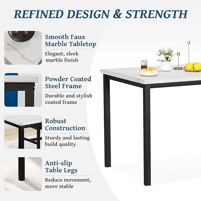 Dining Table Set for 4, 47.2" Faux Marble Kitchen Table Set with 4 Upholstered Velvet Chairs, Dinette Table Set for Dining Room, Kitchen, Breakfast Corner (Blue)