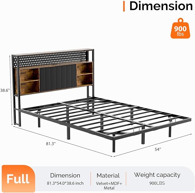 VINGLI Full Size Floating Bed Frame with Headboard, LED Lights & Charging Station, Cozy Velvet Upholstered Headboard, Hidden Storage, Heavy Duty Metal Frame, No Box Spring Needed, Easy Assembly, Black