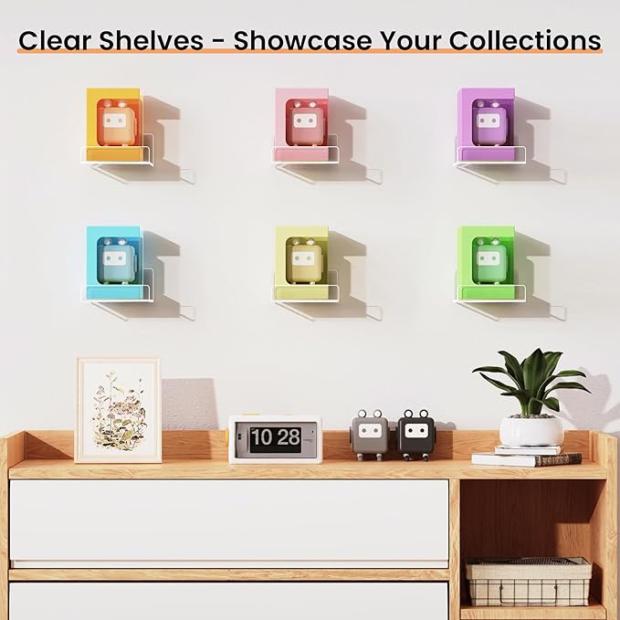 upsimples 6 Pack Acrylic Small Shelves, Floating Wall Shelves for Small Space, Display Shelf Organizer for Plants, Speaker, Toys, 4'' x 4'', Clear