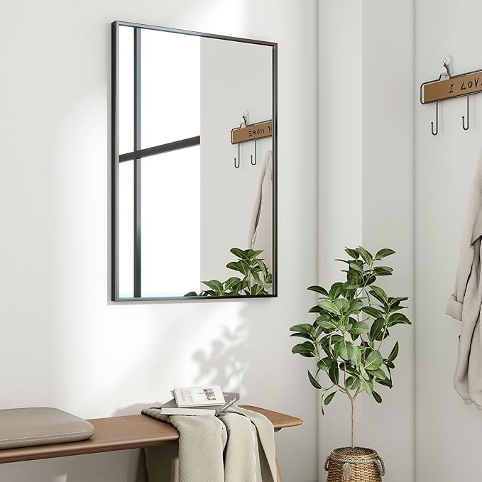 HARRITPURE 28"x20" Framed Bathroom Mirror for Wall Rectangle Mirror Aluminum Alloy Frame Wall-Mounted for Farmhouse Entryway Bedroom Living Room Black