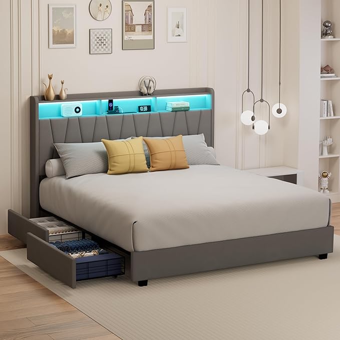 King Size Bed Frame, Velvet Upholstered LED Platform Bed with Headboard Storage, Bed Frame King Built-in Charging Station with 4 Drawers, Wood Slat Support, No Box Spring Needed, Grey