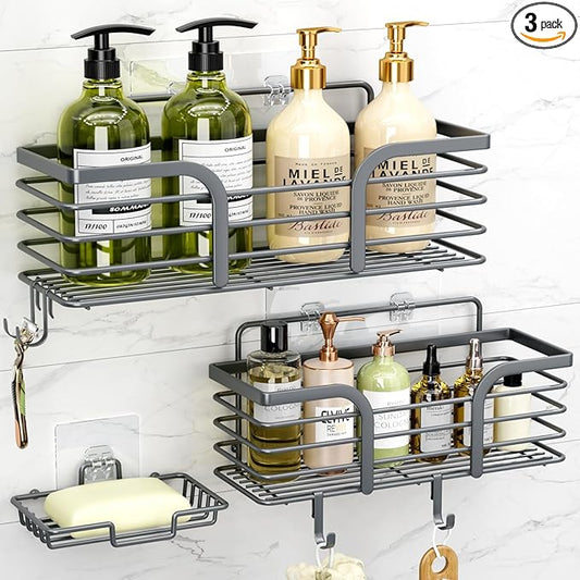 Yougai 3 Pack Shower Caddy Organizer Shelf Rack, Rustproof Corner Bathroom Storage Organization, Wall Mount Adhesive Shower Organizer With Soap Dish For Bathroom Storage&Home Decor&Kitchen-Dark Grey