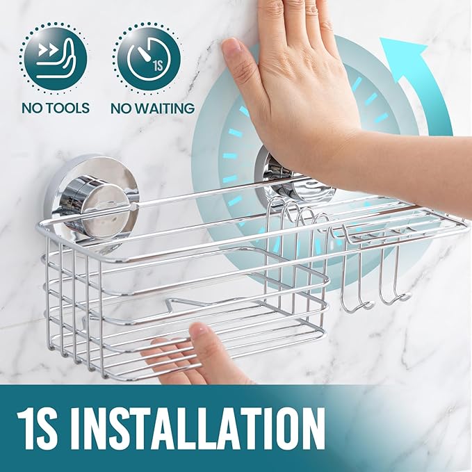 TAILI Shower Caddy Suction Cup, 3 Pack Shelves for Inside with Hooks & Soap Holder Toothbrush Cups, Removable Bathroom Organizer, Rustproof Black Holder Storage-Silver