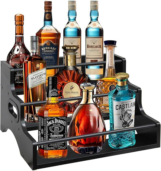 AT-VALY 3-Tier Spice Rack, Iron & MDF Kitchen Storage Shelf, Space-Saving Countertop Organizer for Spices, Herbs, Seasonings, Sturdy Stylish Condiment Holder (Black Grain)