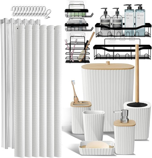 Shower Caddy and Bathroom Accessories Set 25PC Bathroom Accessory Set with Shower Shelf Caddy for Bathroom Storage, White Shower Curtain Set, Toilet Brush, Trash Can, Soap Dispenser, Toothbrush holder