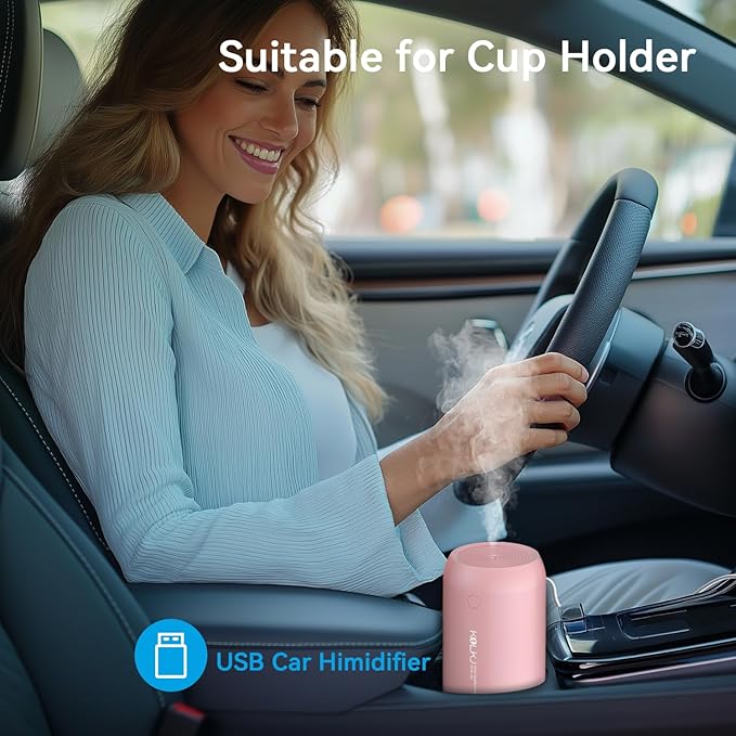 Portable Mini Humidifier, Small Cool Mist Humidifiers 350ml Quiet USB Personal Desktop Air Humidifier for Bedroom Home Plants Car Baby indoor Office with 2 Mist Modes Auto Shut-off（Pink)