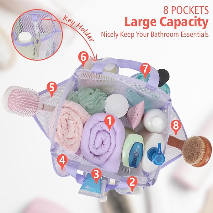 F-color Mesh Shower Caddy Portable, Upgrade Deeper 7 Pockets Shower Bag Basket Tote for College Dorm Room Toiletry Bathroom Essentials Gym Camp Quick Dry 2 handles with S Hook, Purple