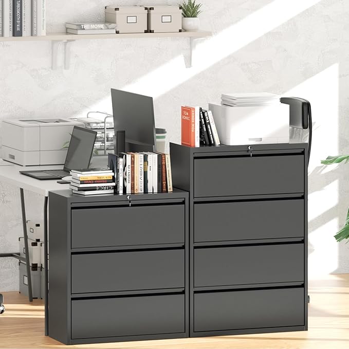 Greenvelly 4 Drawer Lateral File Cabinet with Lock, Black Locking Lateral Filing Cabinet with Drawers, Office Metal File Cabinets for Legal Letter Size with Keys and Hanging Frame