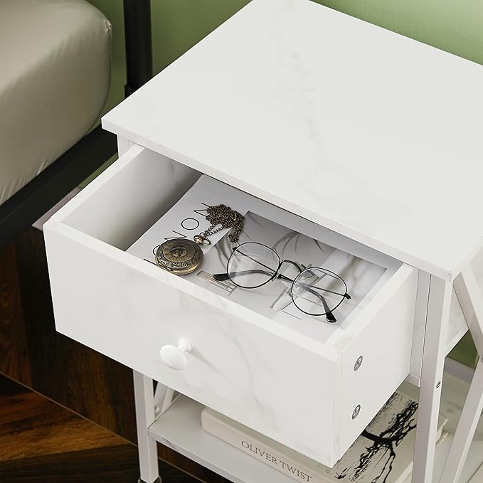 VECELO Nightstand,Modern Bedside End Table, Night Stand with Drawer and Storage Shelf for Living Room Bedroom, Industrial Metal Frame