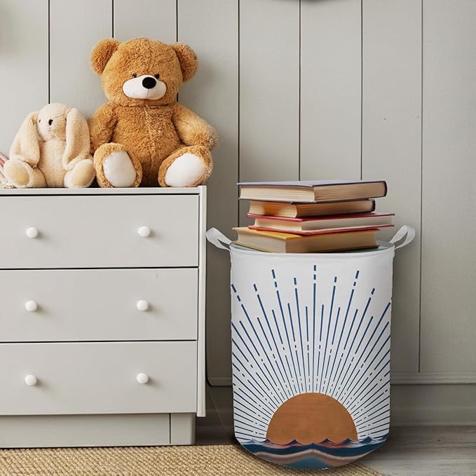 Boho Laundry Basket, Mid Century Modern Boho Terracotta Sun Sea Wave Waterproof Collapsible Laundry Hamper Dirty Clothes Storage Toy Bin Organizer for Bathroom Bedroom Nursery Girls Kids Room