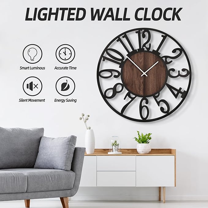 LEIKE Large Wall Clocks with Night Light Battery Operated,Silent Non Ticking,Rustic Modern Big Wood Clock for Living Room, Bedroom,Kitchen,Farmhouse,Office,Home Decor-32 Inch(Black-Arabic Number)