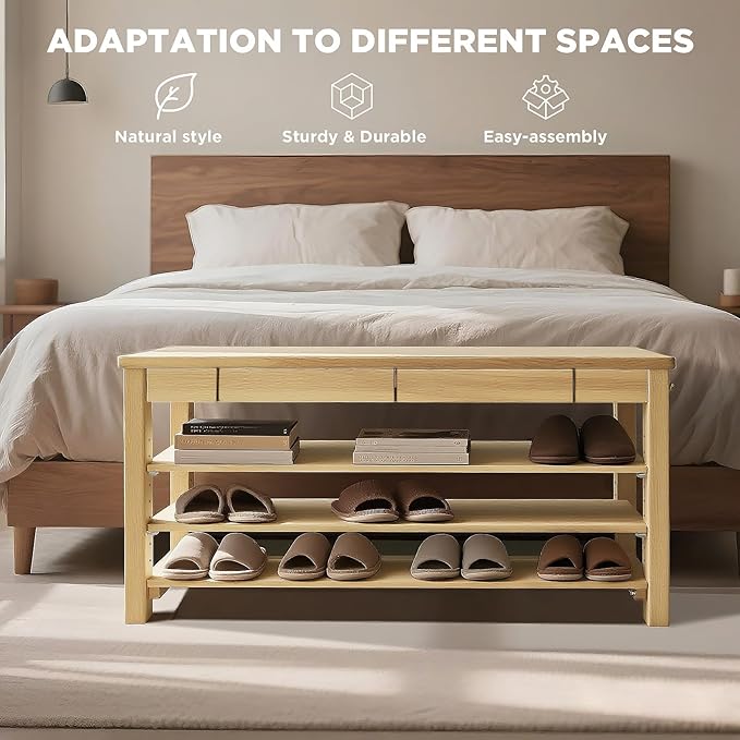 Wood Shoe Bench Entryway with Drawer: 3-Tiers Wooden Storage Shoe Rack with Bench Seat, Compact Mid-Century Modern Design for Entryway,Hallway,Closet,Front Door Entrance,Foyer Natural 39.3"