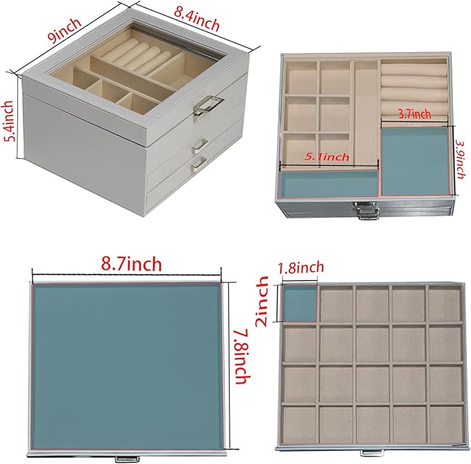 BOOVO Clear Lid Jewelry Box,3 Layers Jewelry Organizer Large Multi-Functional Jewelry Storage Box with 2 Drawers,Jewelry Display Case of Rings Earrings Necklace Bracelets for Women Girls (Grey)