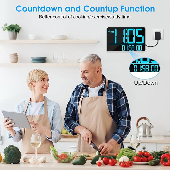 13" Bluetooth Auto Sync Wall Clock - Large Digital Alarm Clock with Remote, 25 Ringtones, Dual Alarm, Adjustable Brightness, 12/24H, Auto DST, for Living Room, Kitchen, Office, Elderly（Blue）