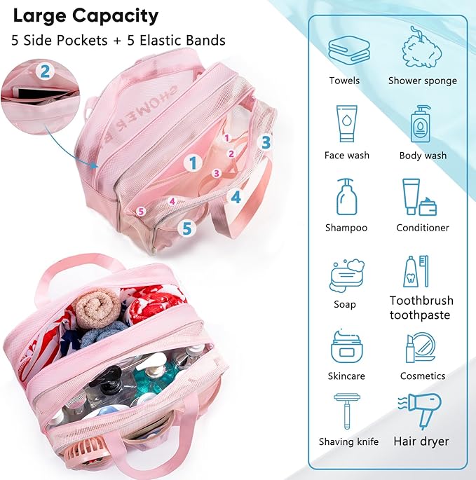 Large Mesh Shower Caddy with Wet & Dry Zones – Portable Hanging Toiletry Bag for College Dorm Room Essentials, Travel, Gym, Camping, Beach Tote Bag – Quick-Dry Shower Tote Organizer